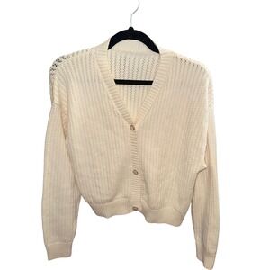 Cream Knit Button Front V Neck Cardigan Sweater Cropped Lightweight